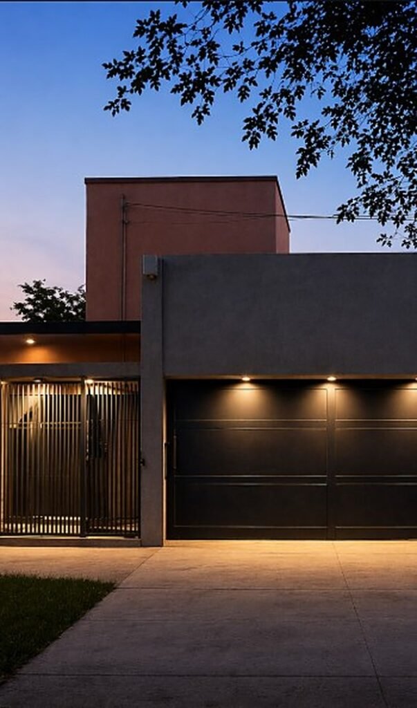 Fachada con portón negro